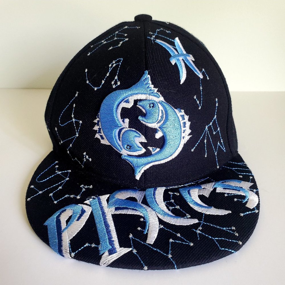 Pisces Fitted Baseball Cap Dipper Galaxy Stars Fish Black & Blue Embroidery